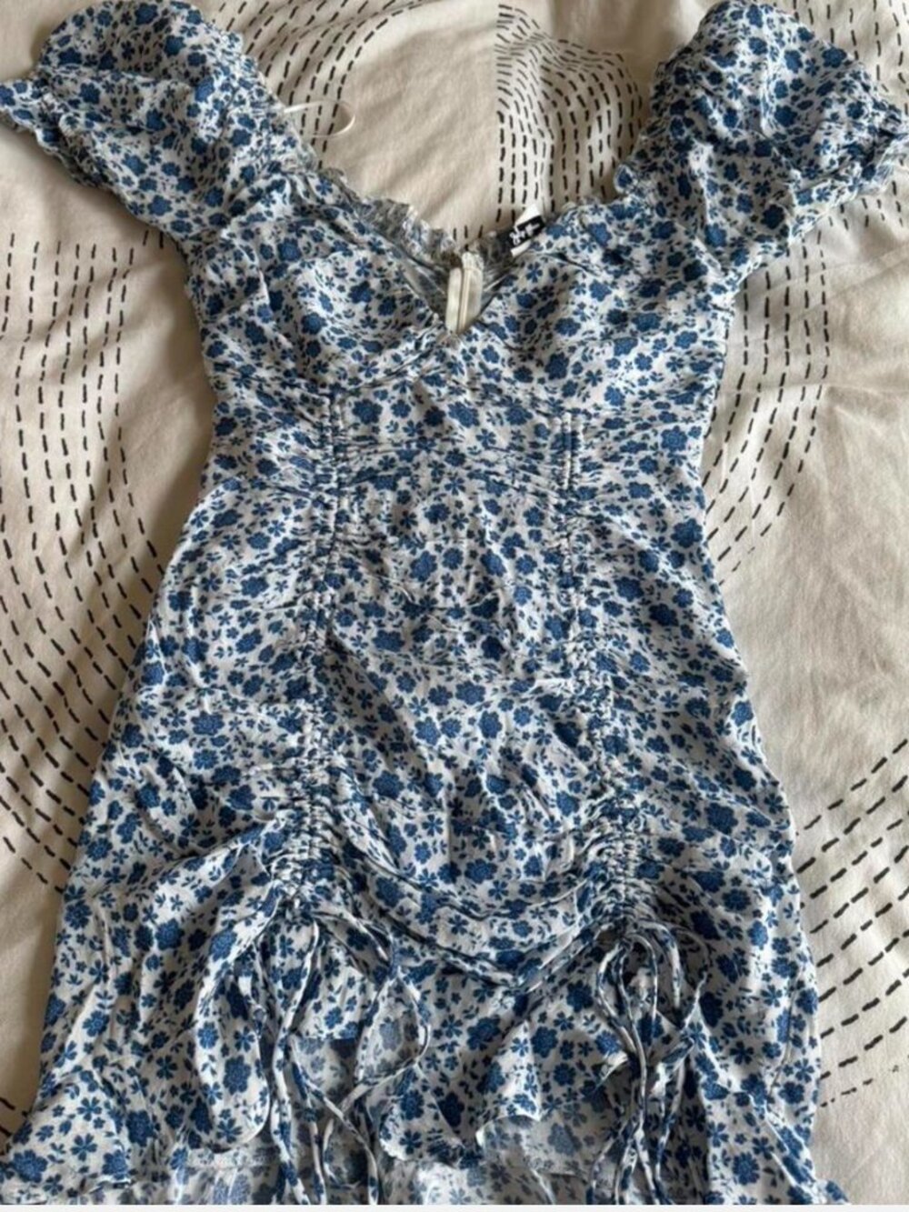 Blue Floral Ruched Mini Dress - Picture 4 of 7